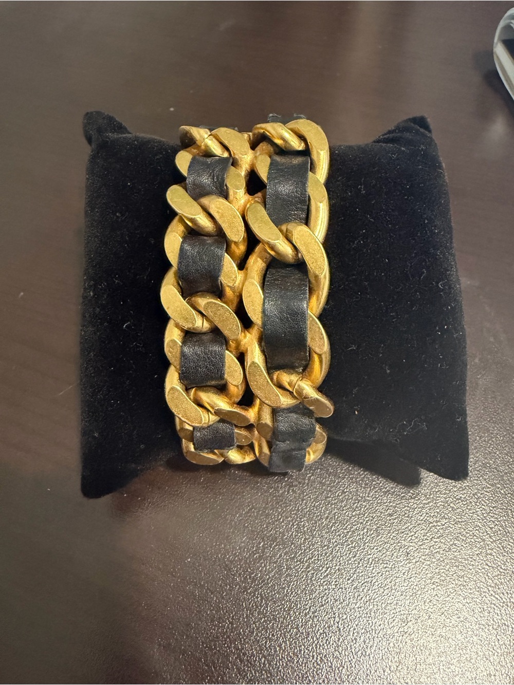Vintage Chanel Gold Tone Chain Bracelet with Black Leather Weave